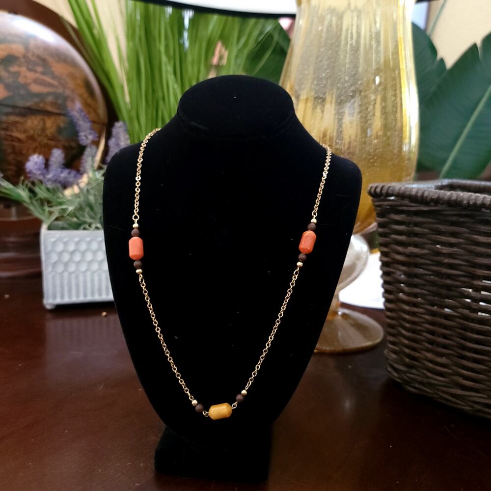 Vintage Gold Chain Necklace with Amber Yellow and Orange Beads Retro 1970s Style
